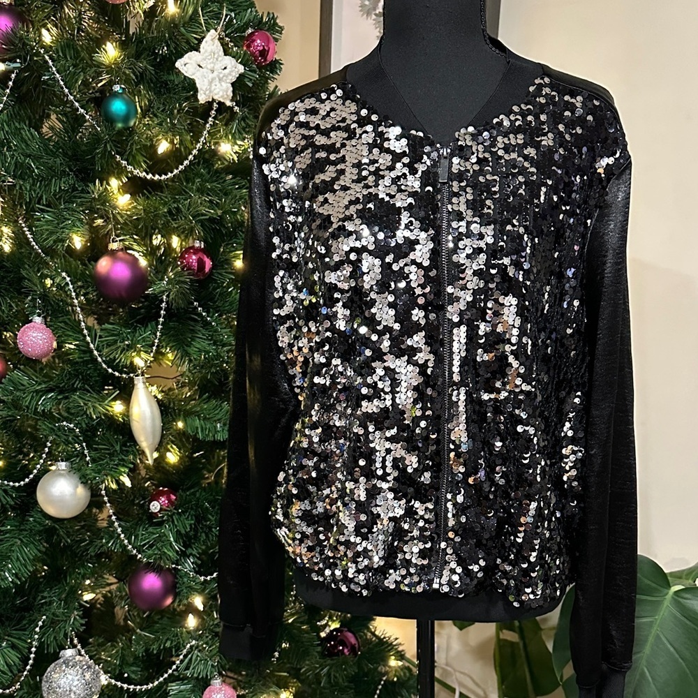 *LIBBY EDELMAN* Black Sparkling Sequin Bomber Zip-Up Jacket Size XL